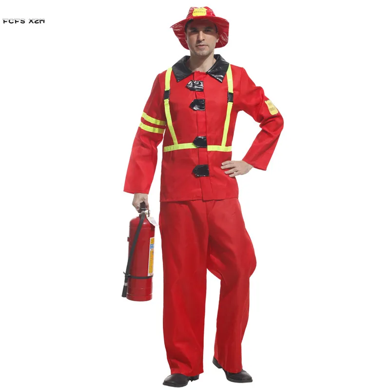 Men Halloween Firemen Costumes Adult Firefighter Uniform Cosplay Carnival Purim Parade Masquerade Stage Role Play Party Dress