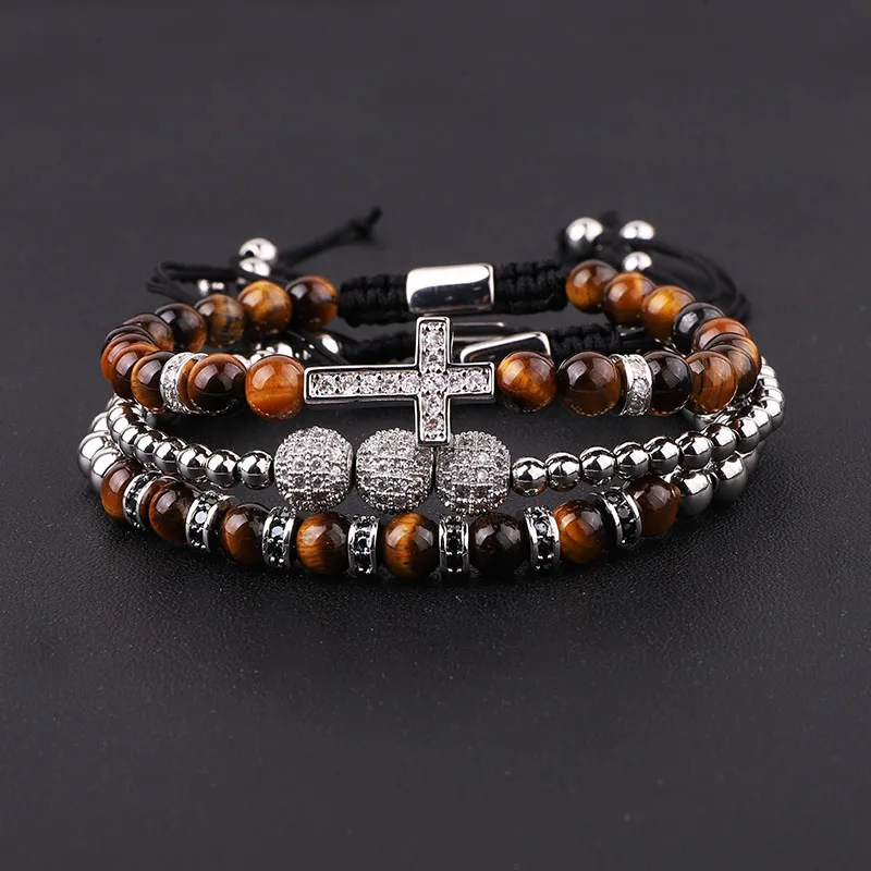 New Luxury CZ Pave Cross Charm Natural Stone Tiger Eye Beaded Macrame Friendship Adjustable Bracelet Set Men