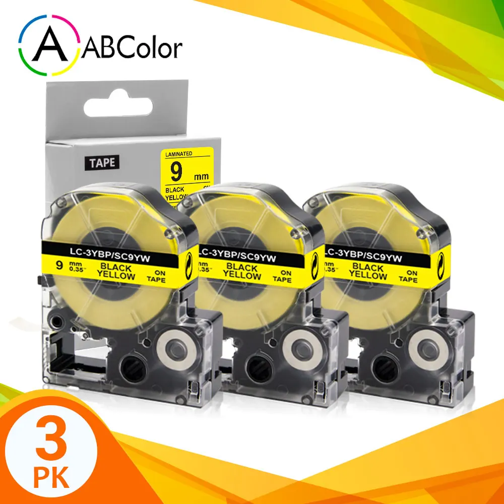 3PK SC9YW Tape for Epson KingJim SC9YW LK-3YBP Black on Yellow Label Tape 9mm LC-3YBP For Epson King Jim LW-300 LW-400 Printer