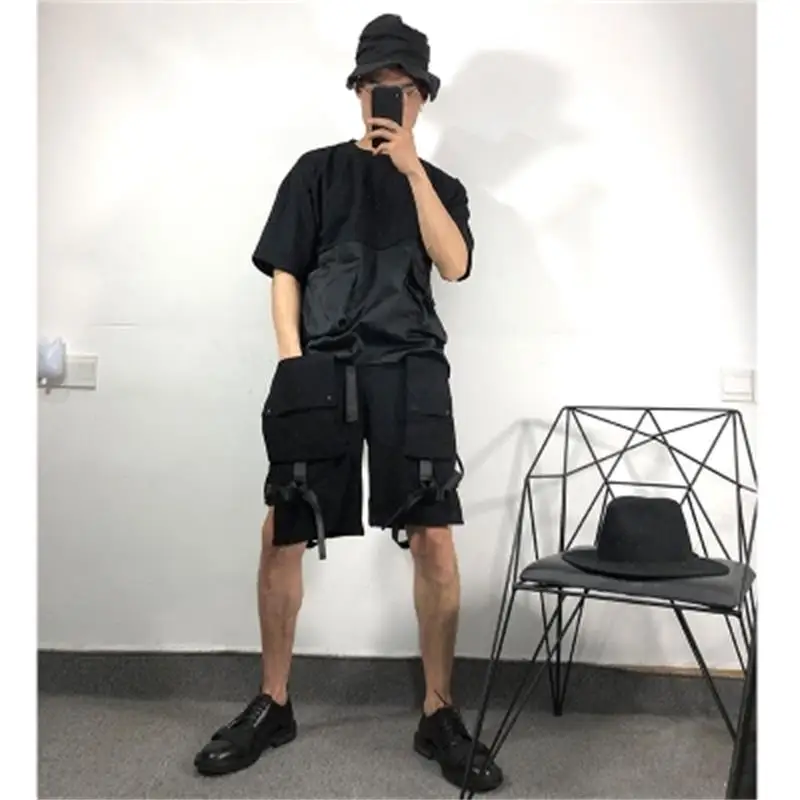 Original fashion man summer multi-pocket stitching loose work clothes short-sleeved t-shirt Harajuku style hip-hop top