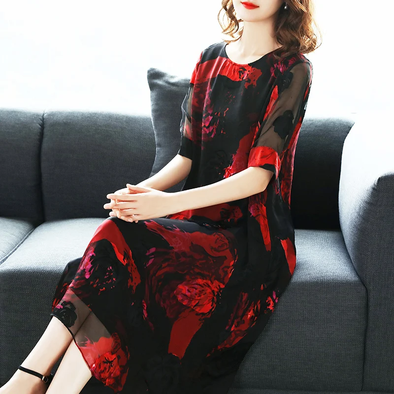 Women Summer Silk Dress Long Dress Elegant Vintage Dresses Black Ladies Office Wear Dresses Party Beach Vestidos LWL1521