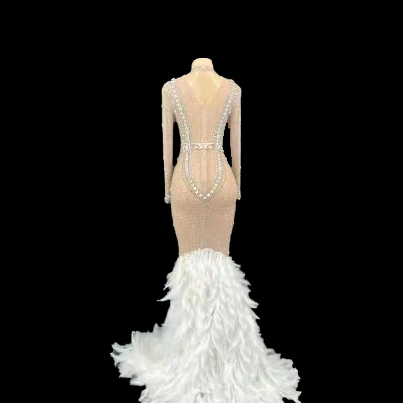 

Classic Women Sexy White Feather Net Yarn Long Skirt Sparkle Crystals Nightclub Birthday Party Stage Wear Dancer Singer