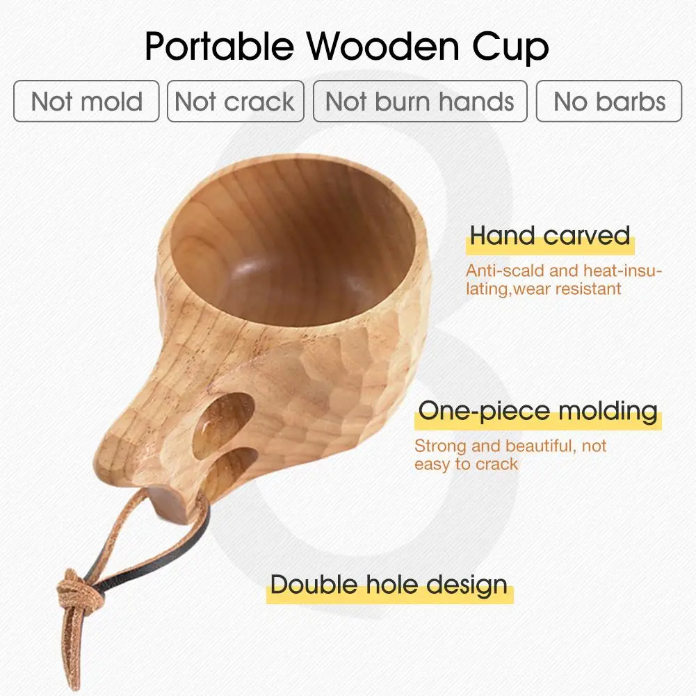 Nordic Style Portable Natural Rubber Wooden Cup With Lanyard Coffee Mug Milk Cup 200 Ml For Camping Hiking Survival Campfire