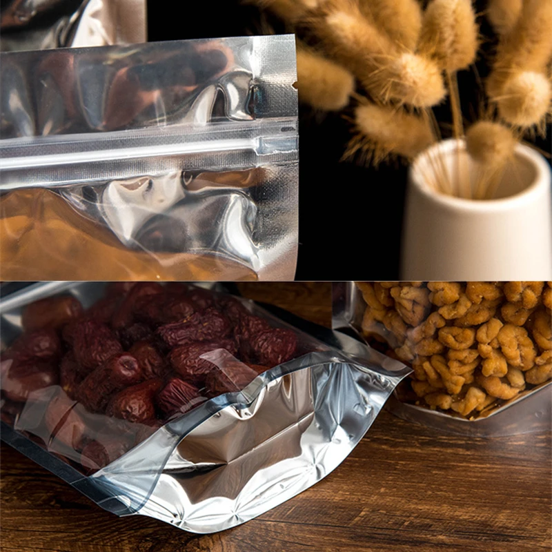 50Pcs Food Packaging Aluminum Foil Stand Up Bag Home Storage Tea Coffee Beans Supplies Ziplock Bags With Window Resealable