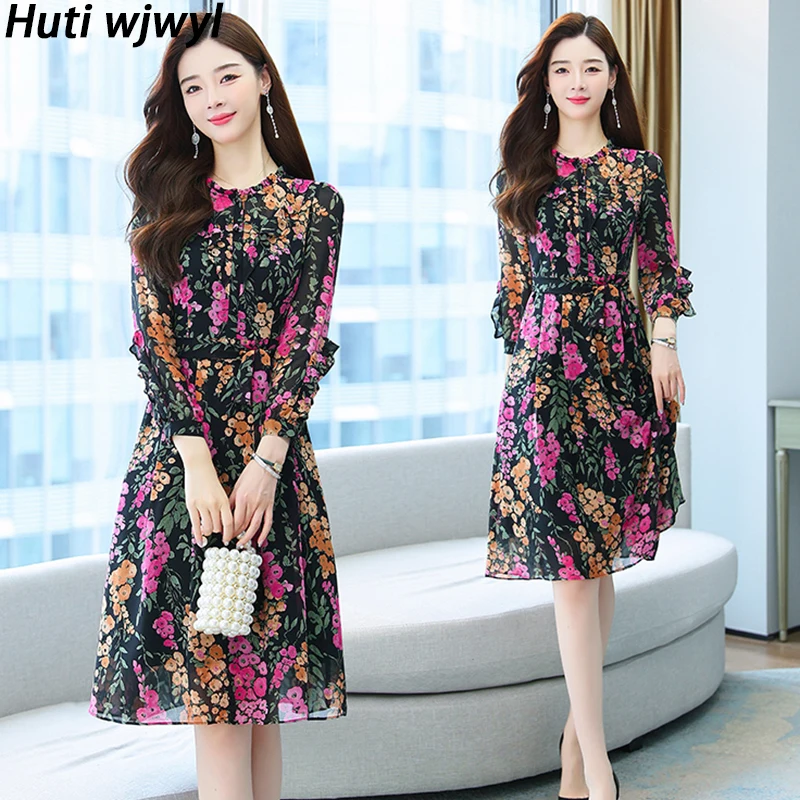 

Women Casual Beach Floral Chiffon Midi Dress Spring Autum Vintage Korean Long Sleeve Dresses 2024 Elegant Bodycon Party Vestidos