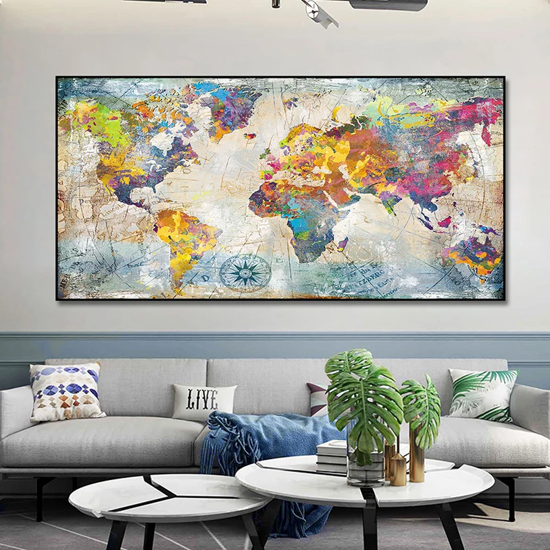 Modern Home Decoration Painting World Map Posters and Prints Wall Art Canvas Painting Poster Pictures for Living Room Decoration