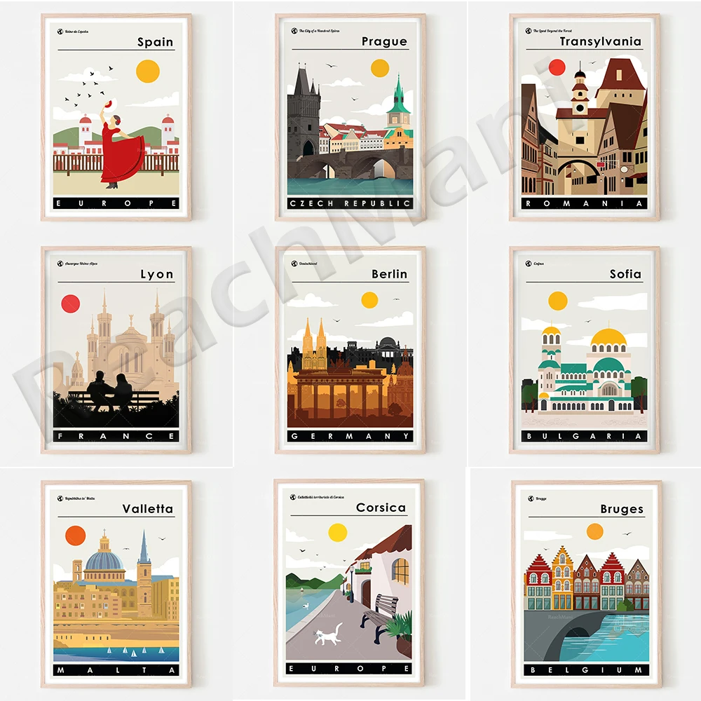 Nordic travel poster, Cyprus, Corsica, La Mancha, Gran Canaria, Prague, Tallinn, Estonia, living room decoration travel poster