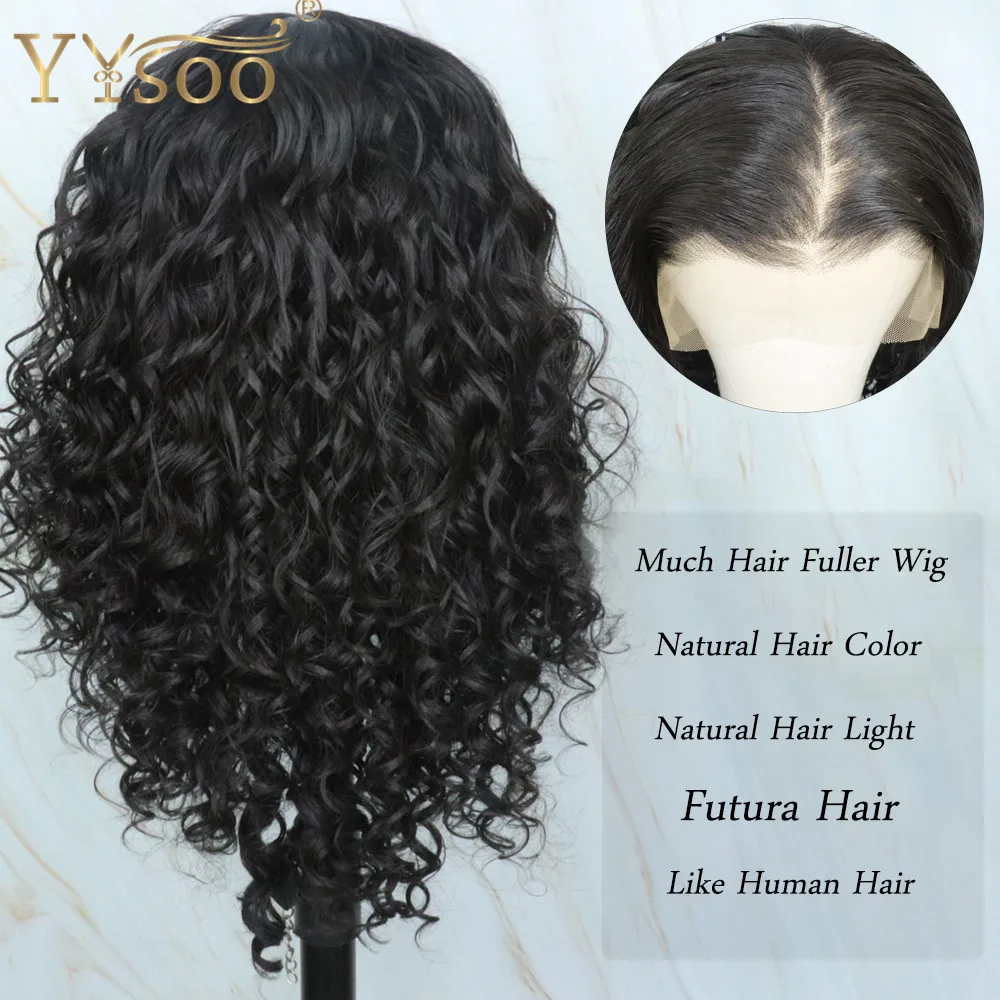 YYsoo ยาวสีดำ Kinky Curly Futura ผมสังเคราะห์ T Part Wigs สำหรับผู้หญิงความร้อนทนวิกผมความหนาแน่นสูงธรรมชาติเส้นผม