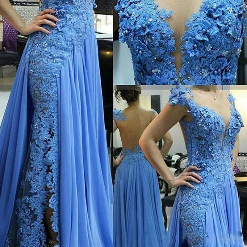 Modest Design Blue Mermaid Vestidos de noite, Sheer Jewel Neck Cap Sleeves, Lace Appliques Beads, Formal Party Prom Gowns