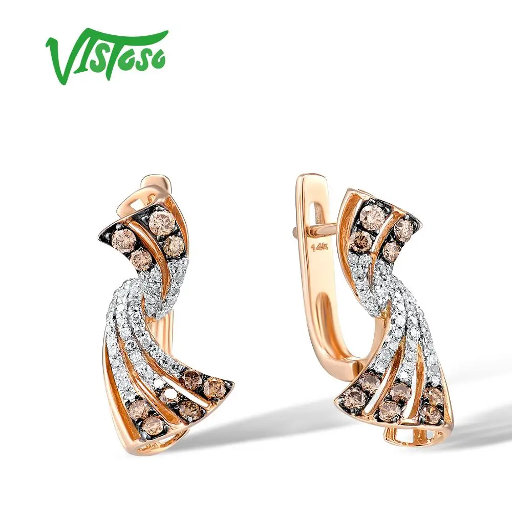 VISTOSO 14K 585 Rose Gold Earrings For Lady Glamorous Sparkling White and Brown Diamond Earrings Luxury Engagement Fine Jewelry