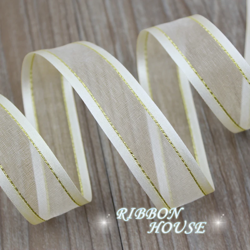 (10 yards/lot) 25mm Cream White broadside golden edge organza ribbons wholesale gift wrapping decoration ribbons