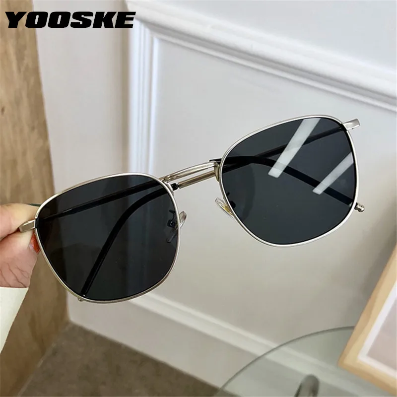 YOOSKE Fashion 90s Sunglasses Vintage Brand Deisgner Square Metal Sun glasses Women Men Retro Black Glasses Shades UV400