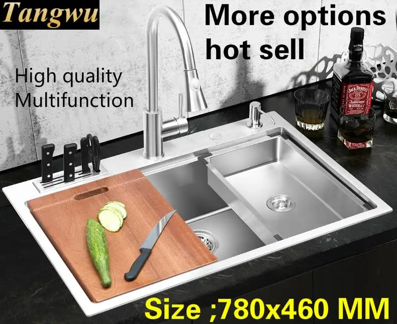 Free shipping Apartment luxury kitchen manual sink single trough food grade stainless steel standard hot sell 78x46 CM