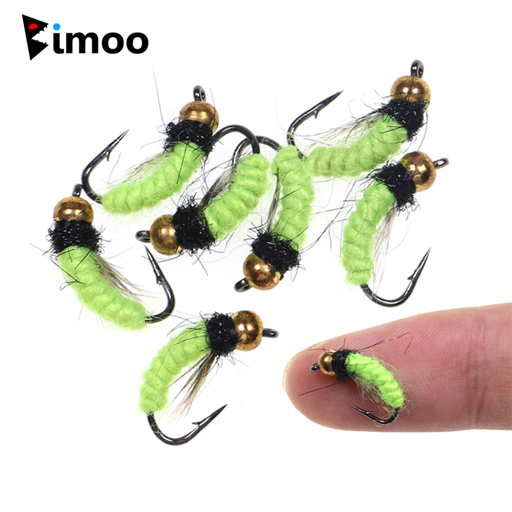 Bimoo 6PCS #12 Fluorescent Nymph Scud Bug Worm Fly UV Brass Bead Head Wet FliesTrout Grayling Fishing Fly Bait Lure Fast Sinking