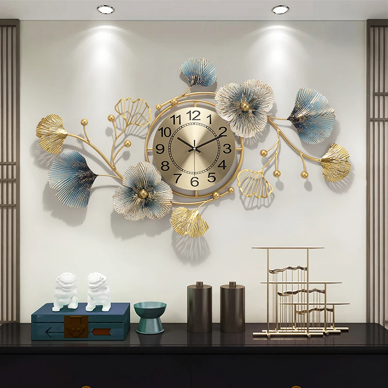 Chinese Luxury Ginkgo Leaf Wrought Iron Wall Clocks Decoration Fengshui Home Livingroom 3D Wall Sticker Porch Wall Mural Crafts