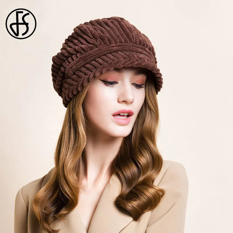 FS White Berets Cap Winter Fall Hat For Women octagonal Hats Ladies Hats Fashion Corduroy Vintage Brown Black Beret