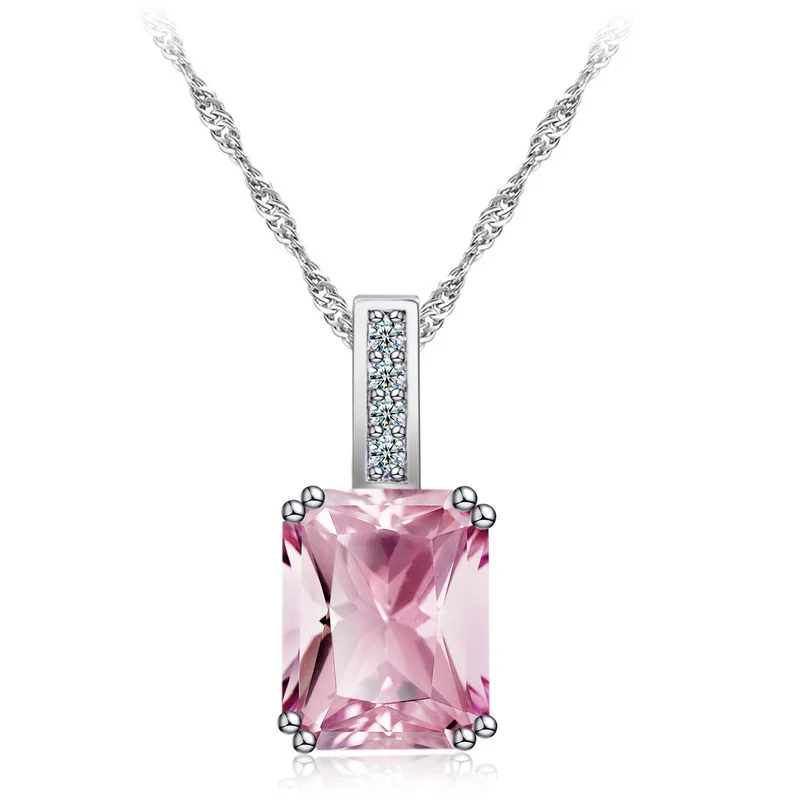 Silver Color Square Necklace Set with Transparent Zircon Pink Six Claw Necklace Jewelry Luxury Necklace Gift Jewelry for Women