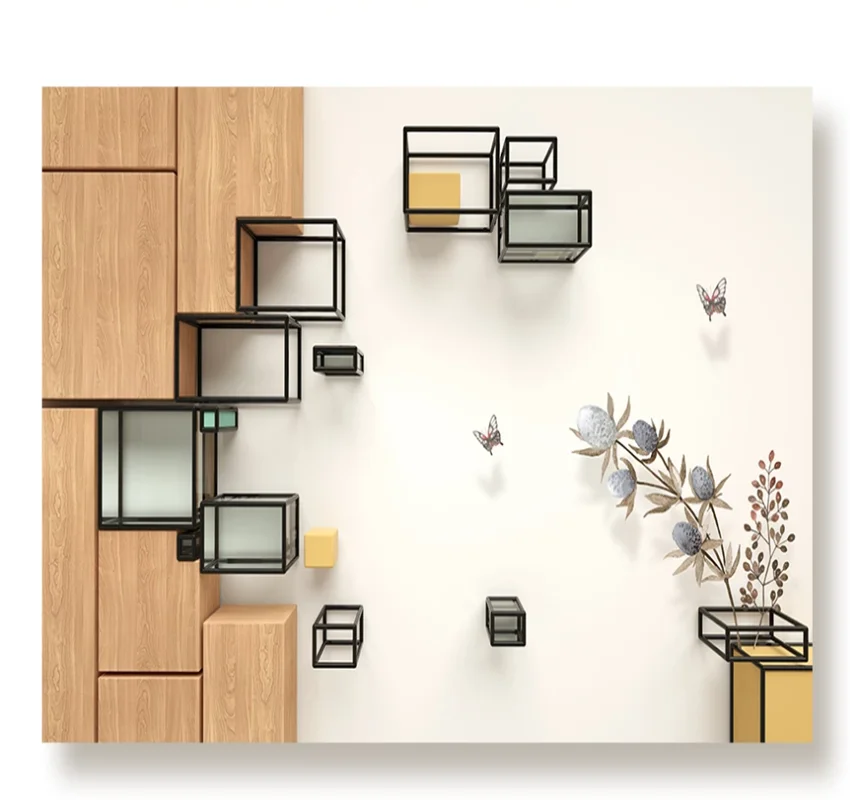 XUESU 3d stereo fashion geometric lines cube wood grain TV background wall custom wallpaper 8D wall covering