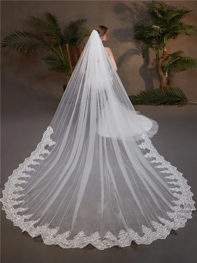 Bling Sequins Lace Long Wedding Veil Cathedral Bridal Veil with Comb White Ivory 5 Meters Veil for Bride Wedding Accessories