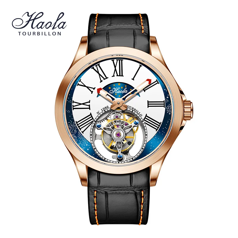 Haofa Flying Tourbillon Wristwatch Starry Sky Dial Sapphire Skeleton Manual Mechanical Watch For Men Luxury zegarek męski 1086