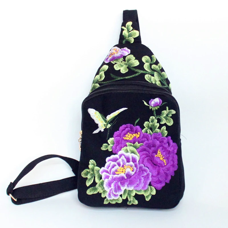 Women Chest Bag Chinese Ethnic Style Hand Embroidery Pretty Flowers Casual Canvas Travel Shoulder Crossbody Bag High Quality