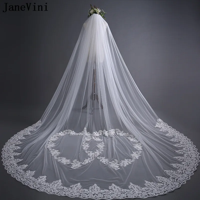 

JaneVini 2021 One layer Long Wedding Veil with Comb Appliques Elegant 3 Meters Heart-shaped Lace Pattern Bridal Veils Accessory