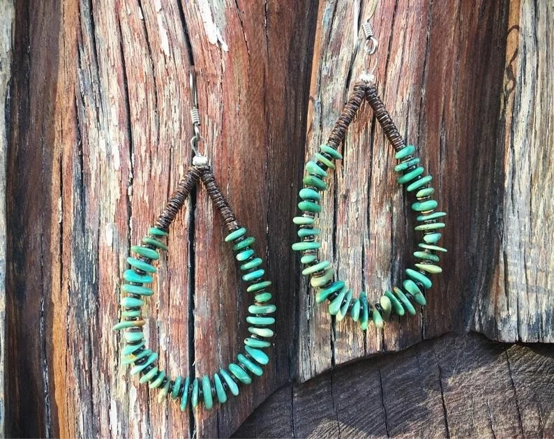 Chip Turquoise Hoop Earrings  Indian Turquoise Jewelry Boho Hippie