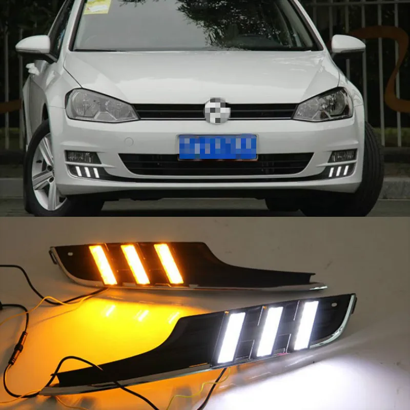 2PCS For Volkswagen Golf 7 MK7 2013-2016 Yellow Turn Signal Function LED Daytime Running Light Waterproof 12V Car DRL Lamp