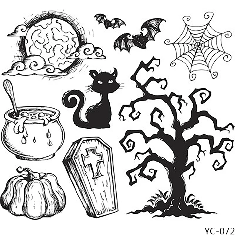 AZSG Halloween Pumpkin Cat Tree Cutting Dies Clear Stamps For DIY Scrapbooking/Card Making Decorative Silicone Stamp Crafts