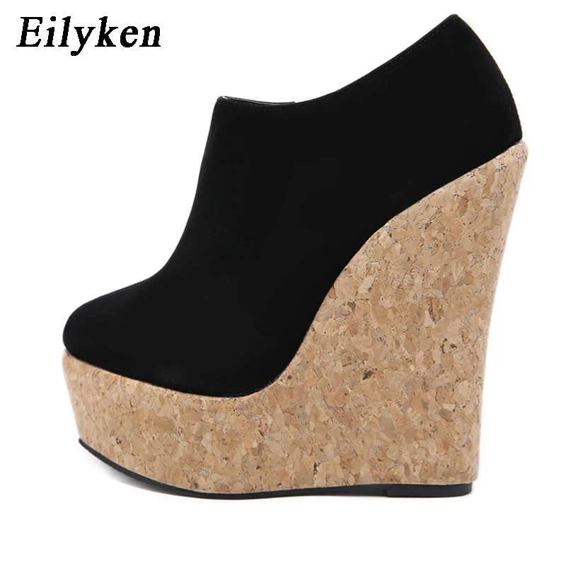 Eilyken Spring Autumn Fashion Flock Round Toe Zipper Platform Wedges Woman Pumps Sexy High Heels Nightclub Mules Shoes