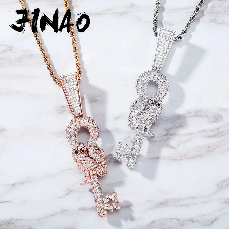 JINAO New Owl Key Pendant Necklace Iced Full Micro Pave Cubic Zirconia Hip Hop Fashion Jewelry For Women Gift