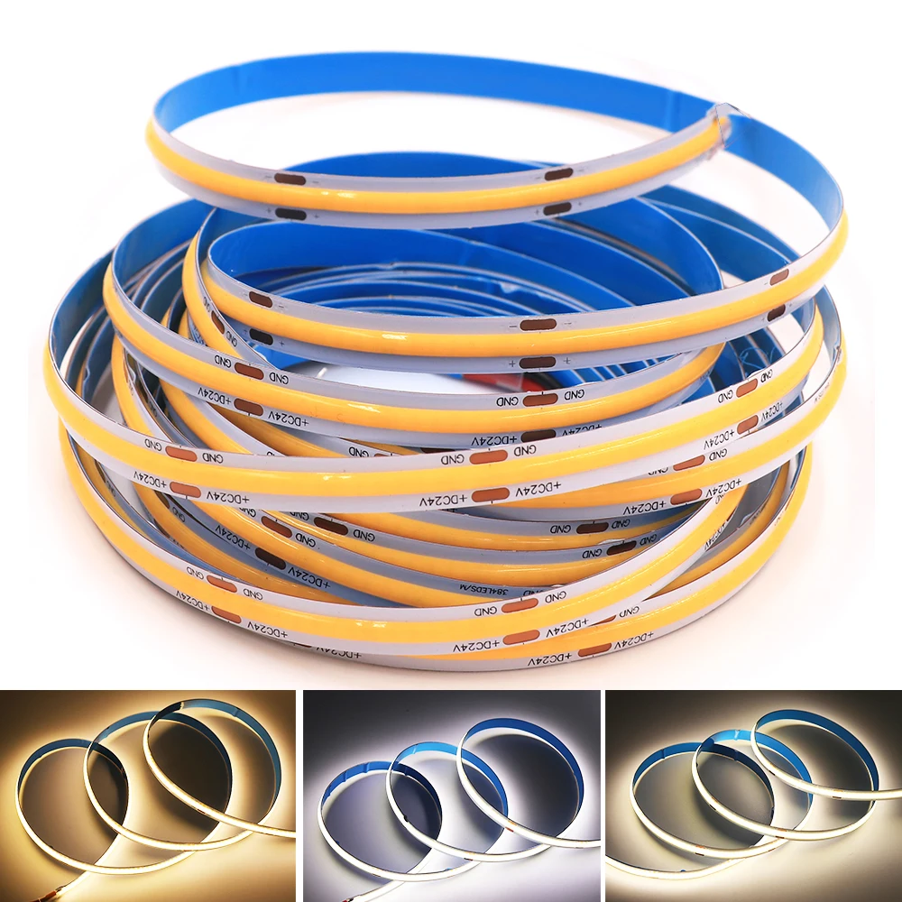 

5M DC 12V 24V High Density Flexible COB LED Strip Light RA90 300/308/384/528LEDs/M Flexible LED Tape for Home Decoration