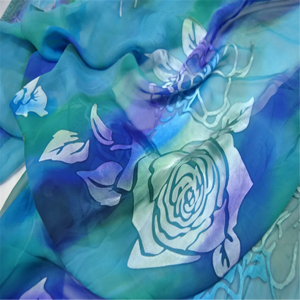 

Unique Blue Painting Floral Design Silk Burn Out Fabric with Nice Color Smooth Feeling Material for Dress