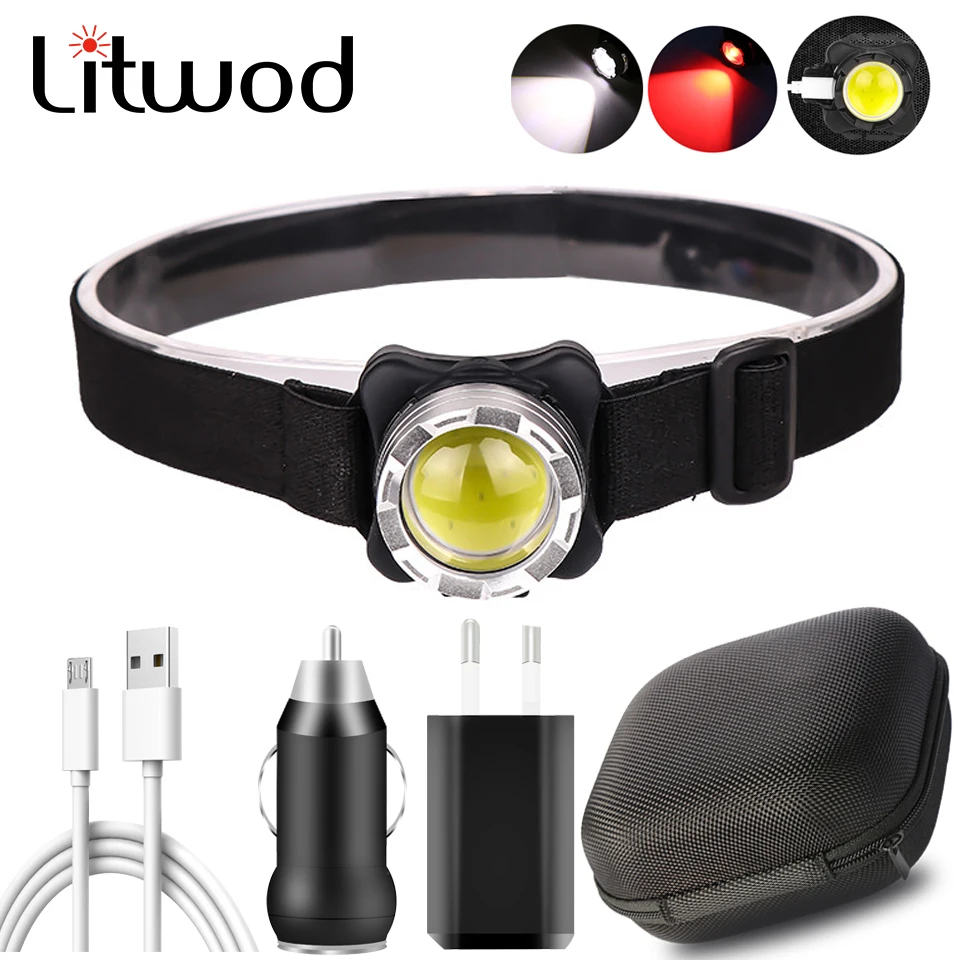 White Red Lighting COB LED Powerful Headlamp Built-in Battery USB Rechargeable Headlight Head Waterproof Lamp Aluminum