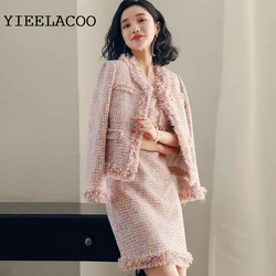 Pink Plaid Tweed jacket +  sleeveless dress suit spring /autumn / winter women's jacket Business ladies 2 piece suit