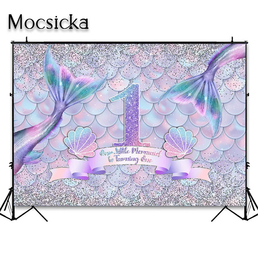 Mocsicka Mermaid Princess First Birthday Backdrop for Girls 1st Birthday Party Glitter Mermaid Tail Decorations Photo Background