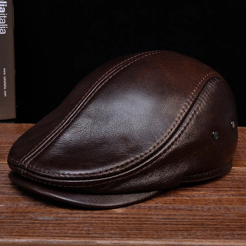 HL042 Men\'s Genuine Real Leather Baseball Caps Hats Black Brown Coffee Brand New Cow Skin Beret Newsboy Hat Cap