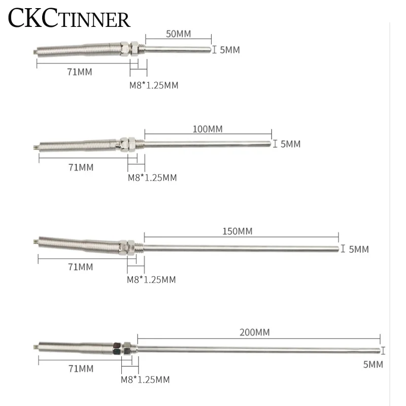 Thermocouple M8 1m 2m 3m 4m 5m Type K E J PT100 50mm 150mm 100mm 200mm Probe Screw Thread Cable Temperature Sensor 0-400℃