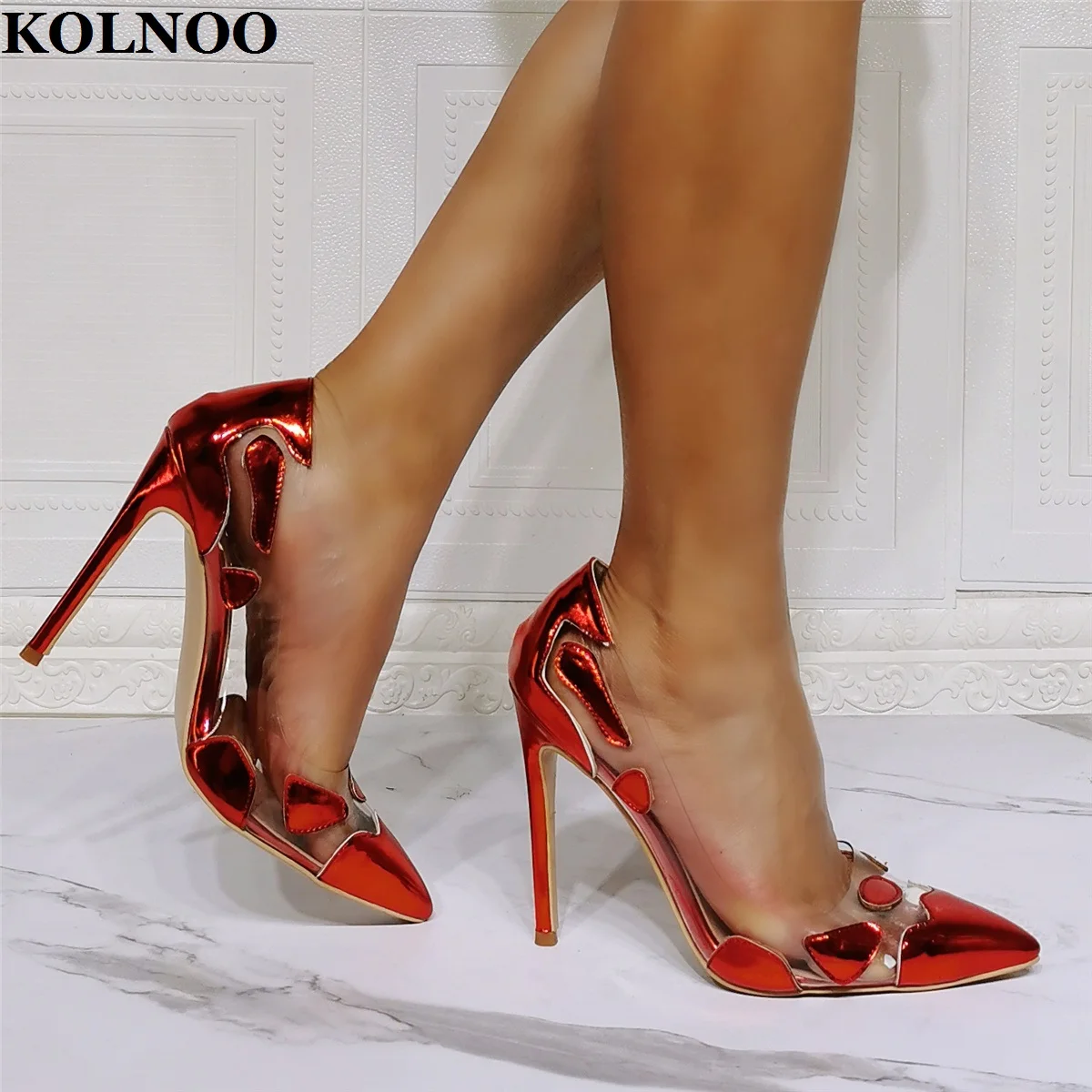 Kolnoo Handmade Womens New Hot High Heel Pumps Patchwork PVC Leather Sexy Party Dress Slip-on Shoes Evening Fashion Court Shoes