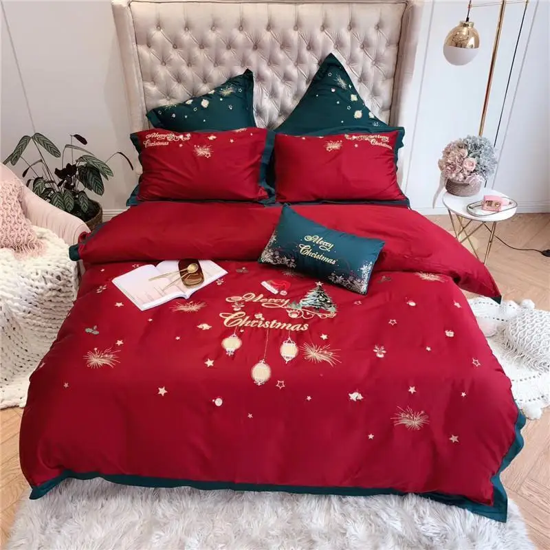 

40 Egyptian cotton Red Christmas Embroidery 4/7pcs Bedding set Duvet Cover Bed sheet/Linen Pillowcases children Christmas gifts