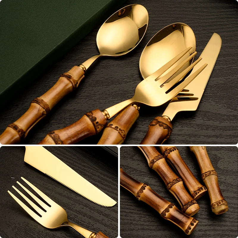 Cutlery Set With Bamboo Handle, With Steak Knives Tableware,Gold Stainless Steel Flatware Cutlery, Includes Forks Spoons Knives