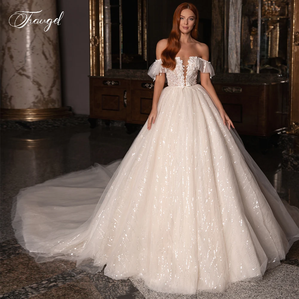 Traugel Strapless A Line Wedding Dresses Elegant Sequin Applique Off The Shoulder Bride Dress Chapel Train Bridal Gown Plus Size