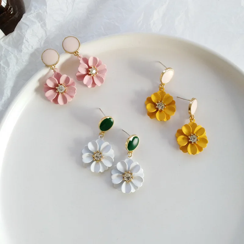 925 Silver Needle Spring Summer Style Flower Earrings Hot Selling White Pink Yellow Sweet Drop Earirngs For Women Jewelry Gift