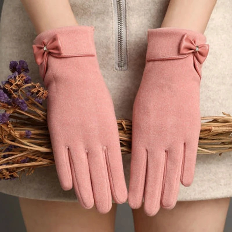 Female Cashmere Bow Plus Velvet Full Finger Cycling Warm Mittens Winter Women Suede Leather Touch Screen Driving Glove H80