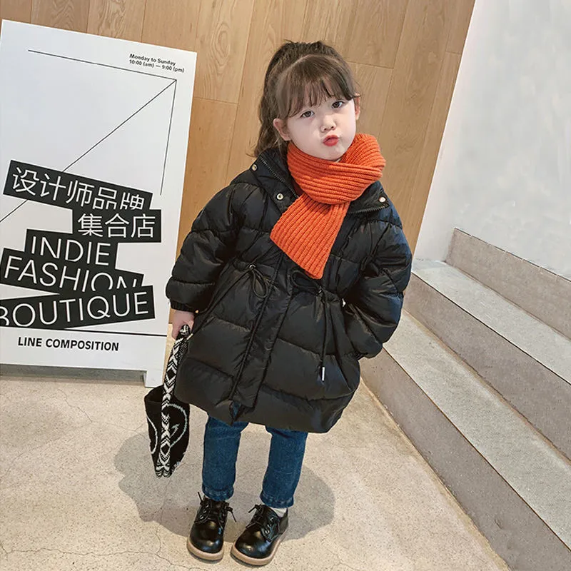 Nuove giacche lunghe con cappuccio per ragazze invernali cappotti con coulisse per bambini spessi e caldi moda per adolescenti giallo rosso nero di