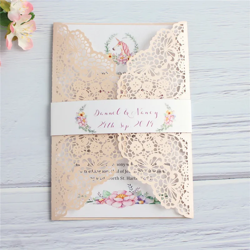 

Unicorn party invitation card customized insert card belly band printing floral laser cutting factory supply 50pcs