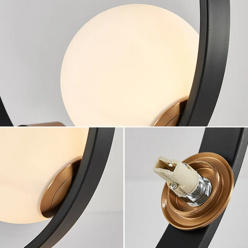 Imagem -03 - Moderno Candeeiro de Mesa com Vidro Fosco Sombra Ferro Preto Estilo Anel Circular Lâmpada de Cabeceira Led Ring Light E27