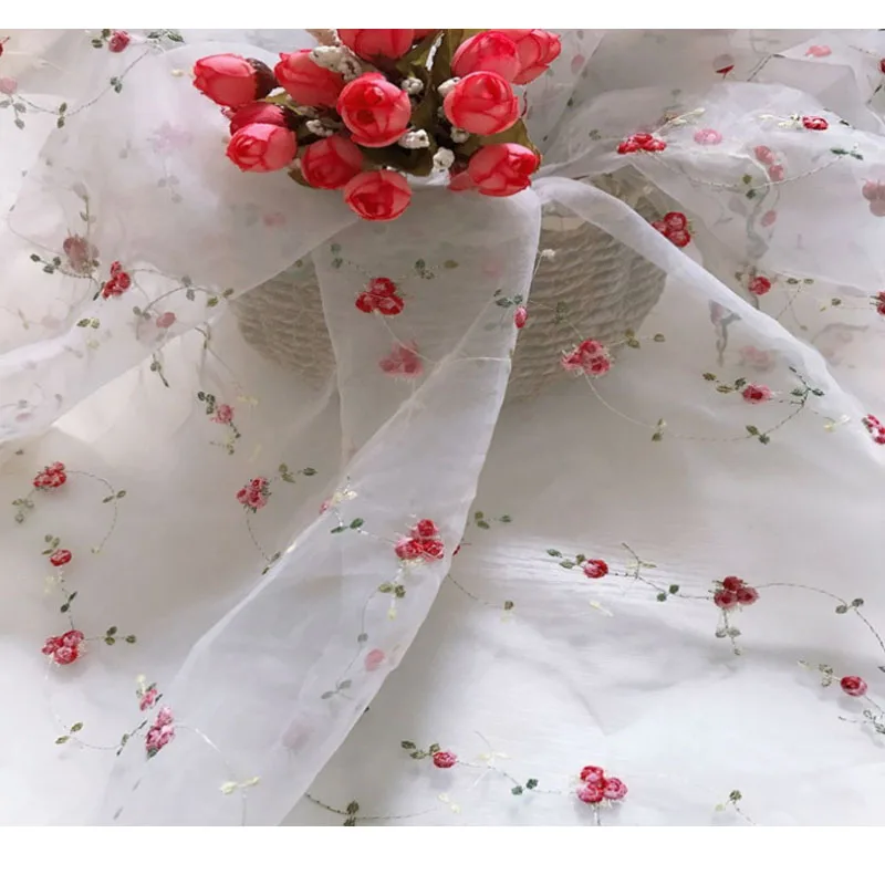 Rose Organza Fabric Diy Craft Tulle Embroidered Lace Fabric Gauze Transparent Fabric Dress Garment Sewing Materiel Tissue Voile