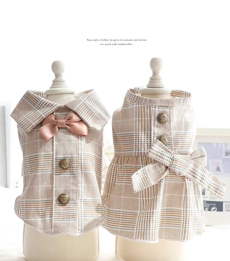 Cute Plaid Summer Clothes for Dogs, Fresh Khaki Suit, Dog Shirts, Snap Button Decor Dresses for Dogs, Bowknot