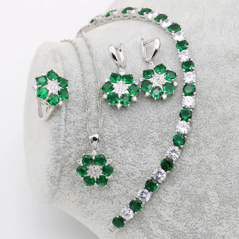 XUTAAYI Luxury Earrings 925 Silver Wedding Jewelry Sets For Women Green Emerald Bracelet Rings Bridal Pendant Necklace Set